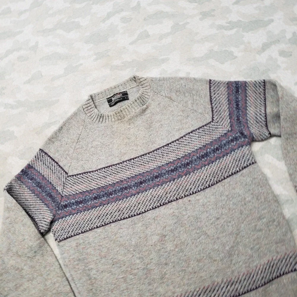 Vintage Jantzen Sweater Mens Large Gray Fair Isle Pullover Birds Eye Grandpa